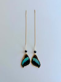 Real Broadly Green-Banded Swallowtail Butterfly Wing Threader Earrings with Black Tourmaline