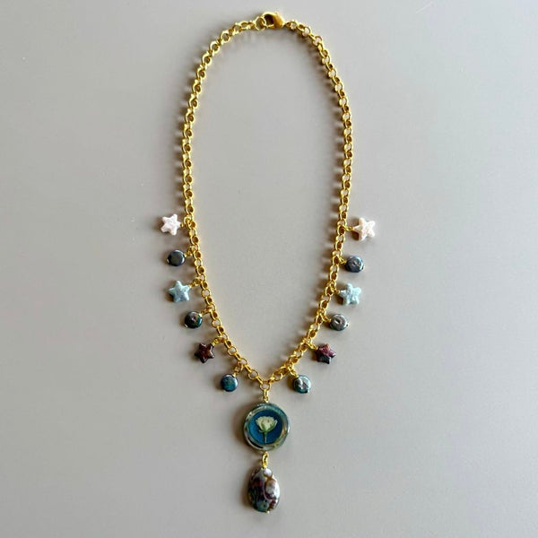 Andromeda Necklace - Petite Rose, Freshwater Pearls, and Abalone in Gold Chain