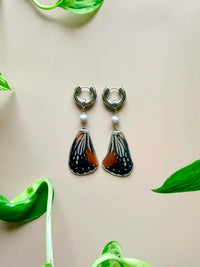 Real Tawny Mime Butterfly Wing Earrings with Silver Pearls
