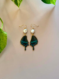 Real Chinese Peacock Swallowtail Butterfly Wing Earrings with Freshwater Pearls
