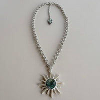 Abalone Sun Pendant Necklace with Queen Anne's Lace Charm - Silver