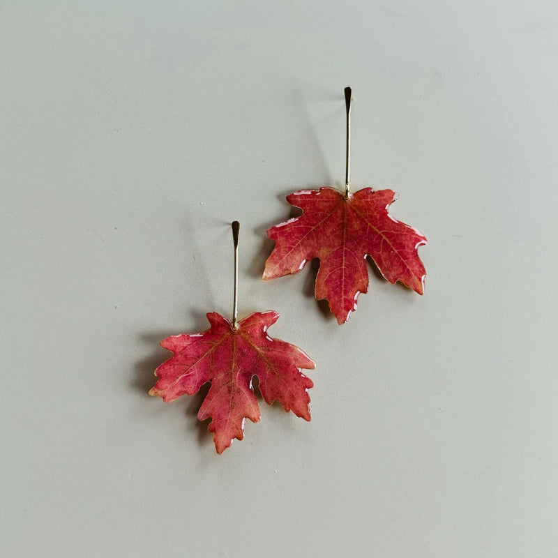 Pressed Fall Maple Leaf with Gold Stem Stud