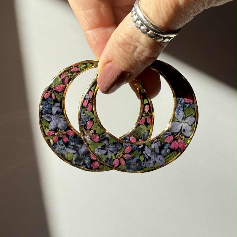 Dark Floral Crescent Hoops in Gold
