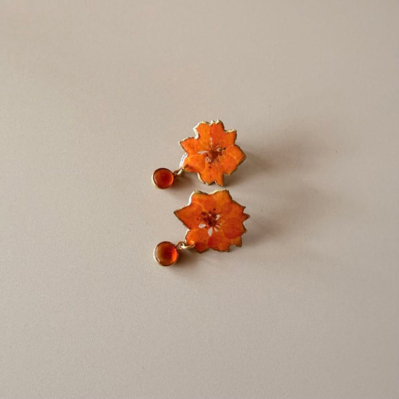 Gold Leaf Edged Orange Larkspur Studs with Carnelian