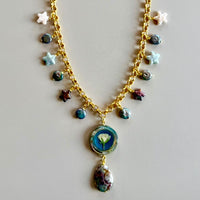 Andromeda Necklace - Petite Rose, Freshwater Pearls, and Abalone in Gold Chain