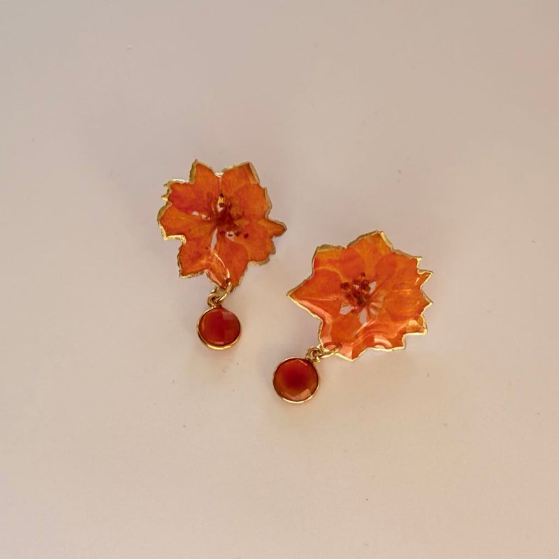 Gold Leaf Edged Orange Larkspur Studs with Carnelian