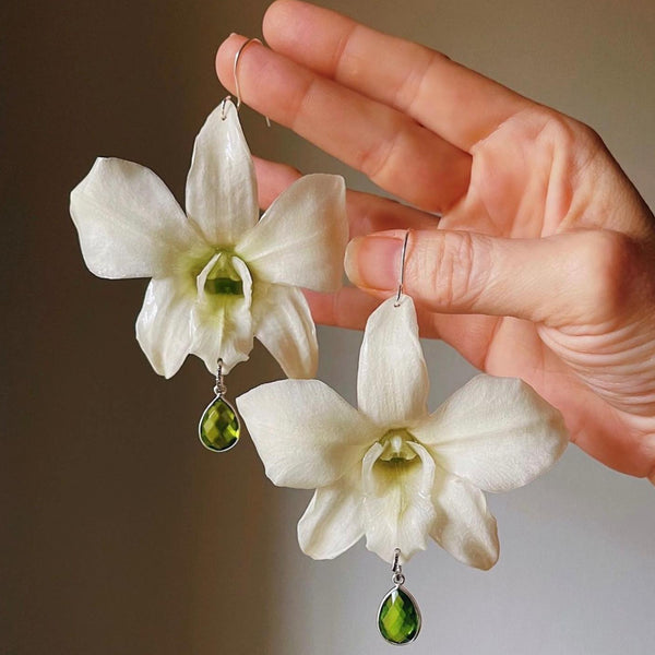 Pale Green Orchid with Peridot in silver