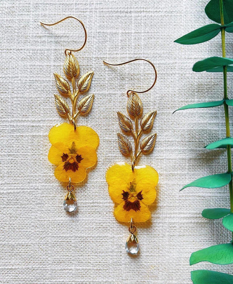 Dainty Frameless Yellow Pansies with Brass Leaf & Clear Quartz