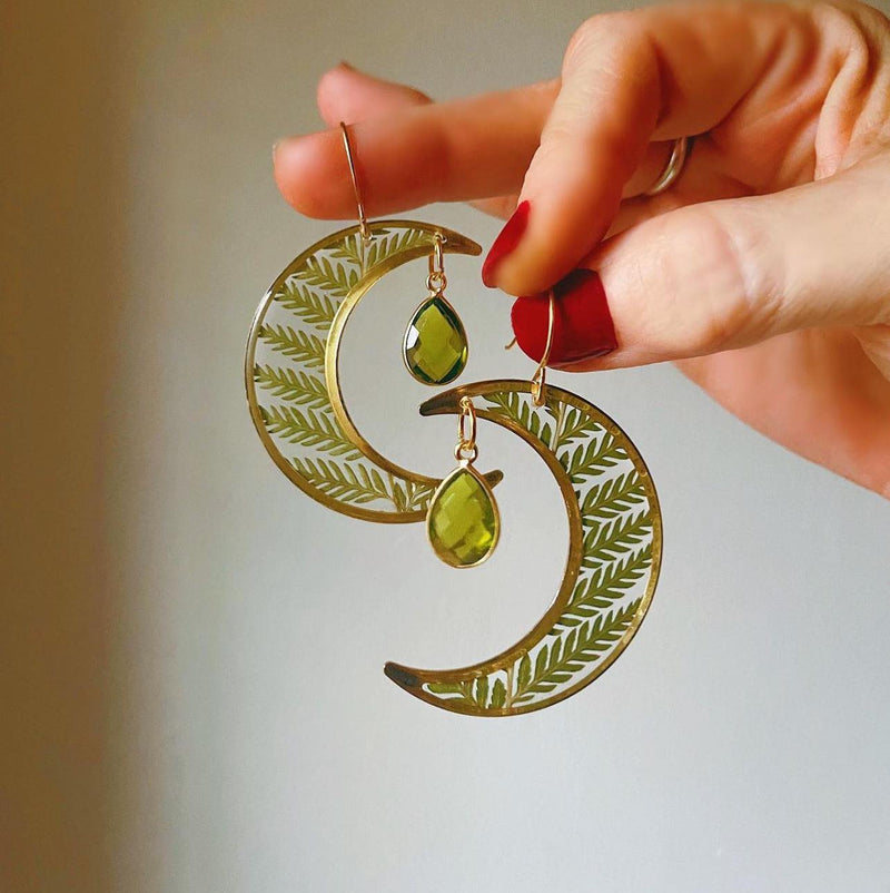 Fern Filled Crescent with Peridot - Gold
