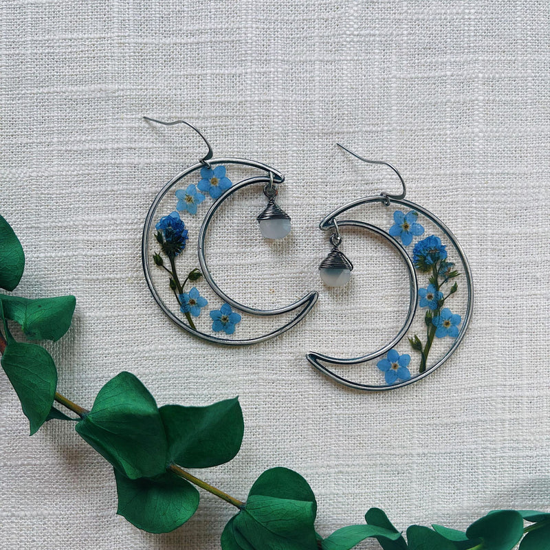 Forget-Me-Not Meadow Sterling Silver Crescents with Moonstones