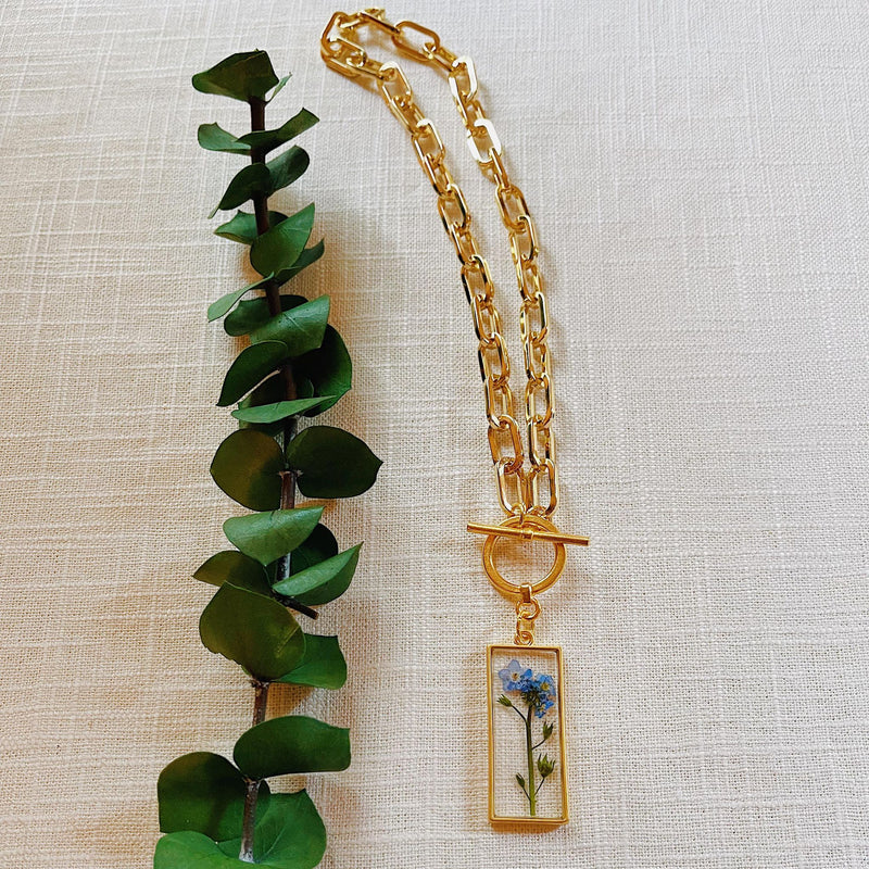 Forget-Me-Not in Gold Rectangle Toggle Necklace