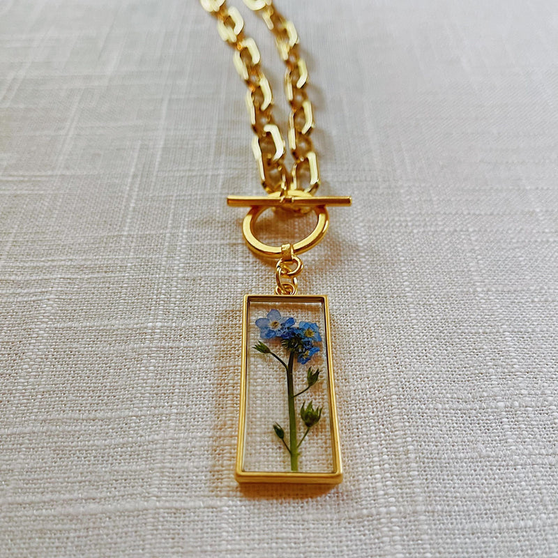 Forget-Me-Not in Gold Rectangle Toggle Necklace