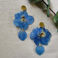 Frameless Blue Delphinium stud with real petal dangle