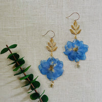 Frameless Blue Delphinium with Brass Leaf & Aquamarine Quartz