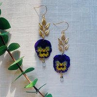 Small Frameless Blue & Yellow Pansies with Brass Leaf and Moonstone