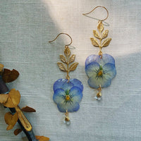 Frameless Light Blue Pansies with Brass Leaf & Crystal Quartz