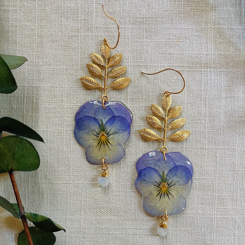 Frameless Pale Blue/Purple Pansies with Brass Leaf & Moonstones