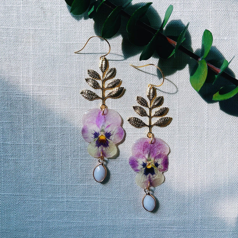 Frameless Pink/Pale Yellow Pansies with Brass Leaf & Moonstones