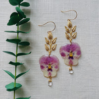 Frameless Pink Pansies with Brass Leaf & Clear Quartz