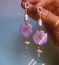 Frameless Purple Apple Blossom Studs with Pearls and Charm Chain