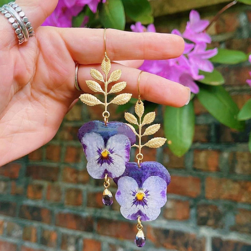 Frameless Purple Pansies with Brass Leaf and Amethyst.