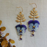 Frameless Purple Pansies with Brass Leaf and Amethyst.