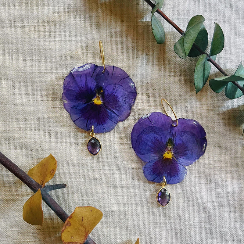 Frameless Purple Pansy with Amethyst and hoops