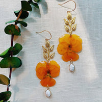 Frameless Tangerine Pansies with Brass Leaf & Moonstones
