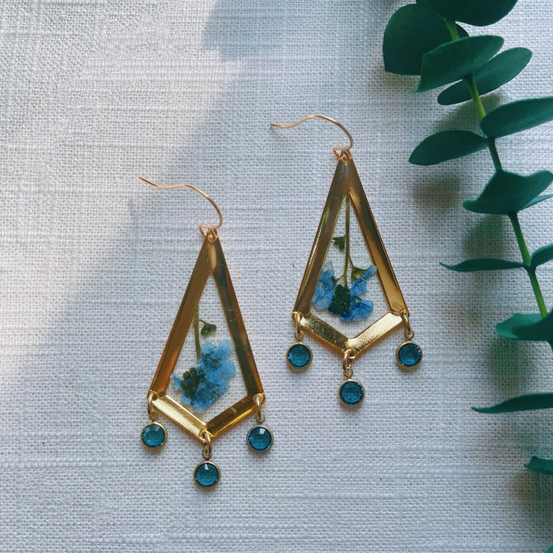 Gold Plated Forget-Me-Not Arrowheads with Blue Glass Crystals