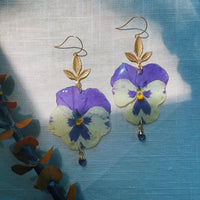 Large Frameless Purple & Pale Yellow Pansy with Leaf and Amethyst
