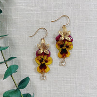 Frameless Crowned Burgundy & Yellow Pansies with Quartz Crystals