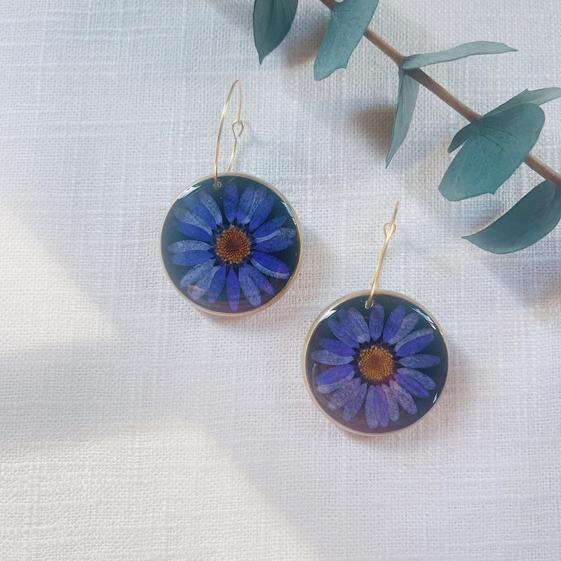 Purple Daisy on Black Medium Rounds with hoops