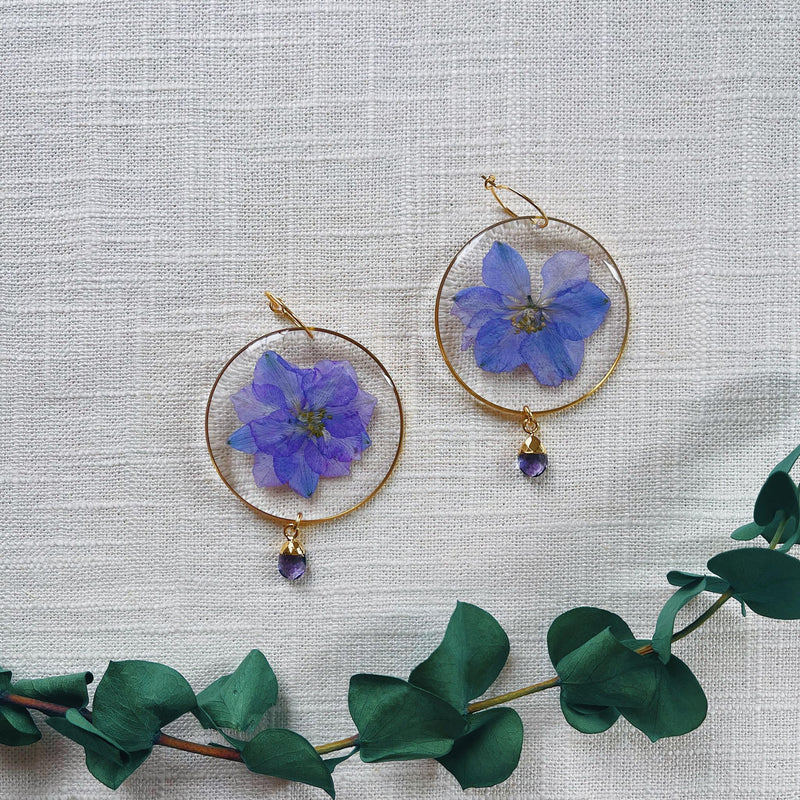 Purple Larkspur and Amethyst with Small Hoops