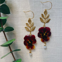 Small Frameless Darkest Red & Yellow Pansies with Brass Leaf and Moonstone