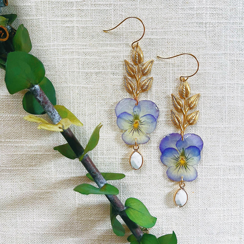 Small Frameless Pale Purple & Yellow Pansies with Brass Leaf & Moonstone