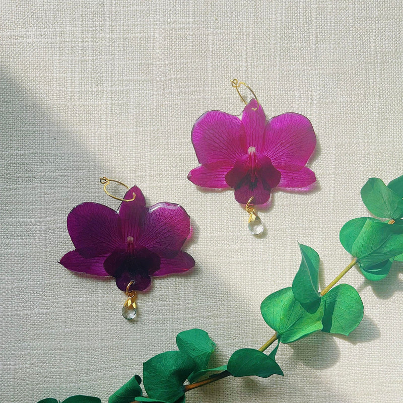 Small Frameless Purple Orchids with Clear Quartz and Hoops