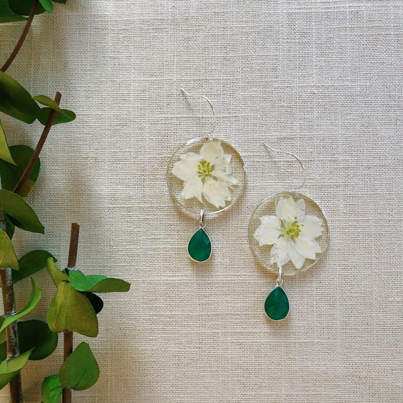 Small White Larkspur with Faceted Emerald Quartz Dangle