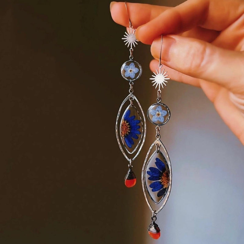 Sterling Silver Blue Daisy Halves and Forget-Me-Nots with Carnelian