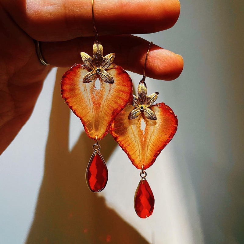 Frameless Strawberry Slices with Brass Leaf and Ruby Dangles