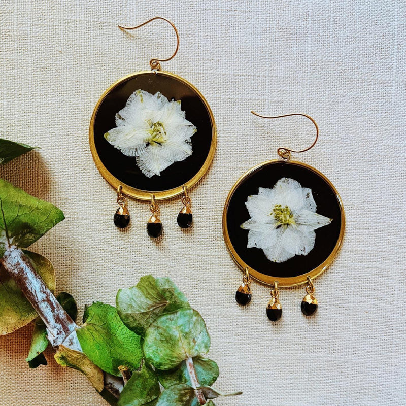 White Larkspur Big Blossoms with Black Tourmaline gems