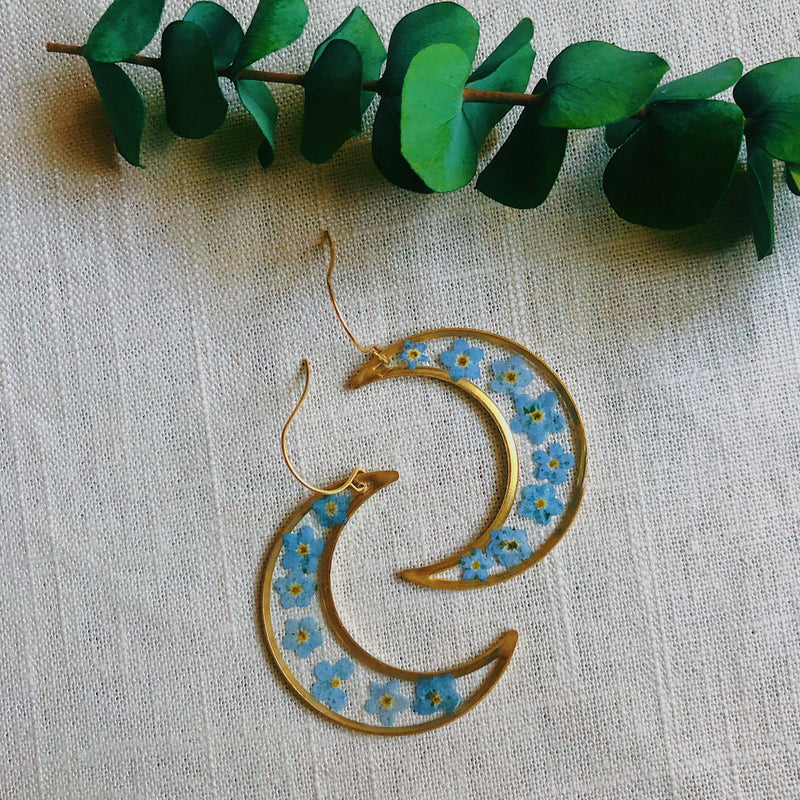 Forget-Me-Not Crescent Moon Earrings