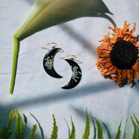 Queen Anne’s Lace Black Crescent Moon Earrings